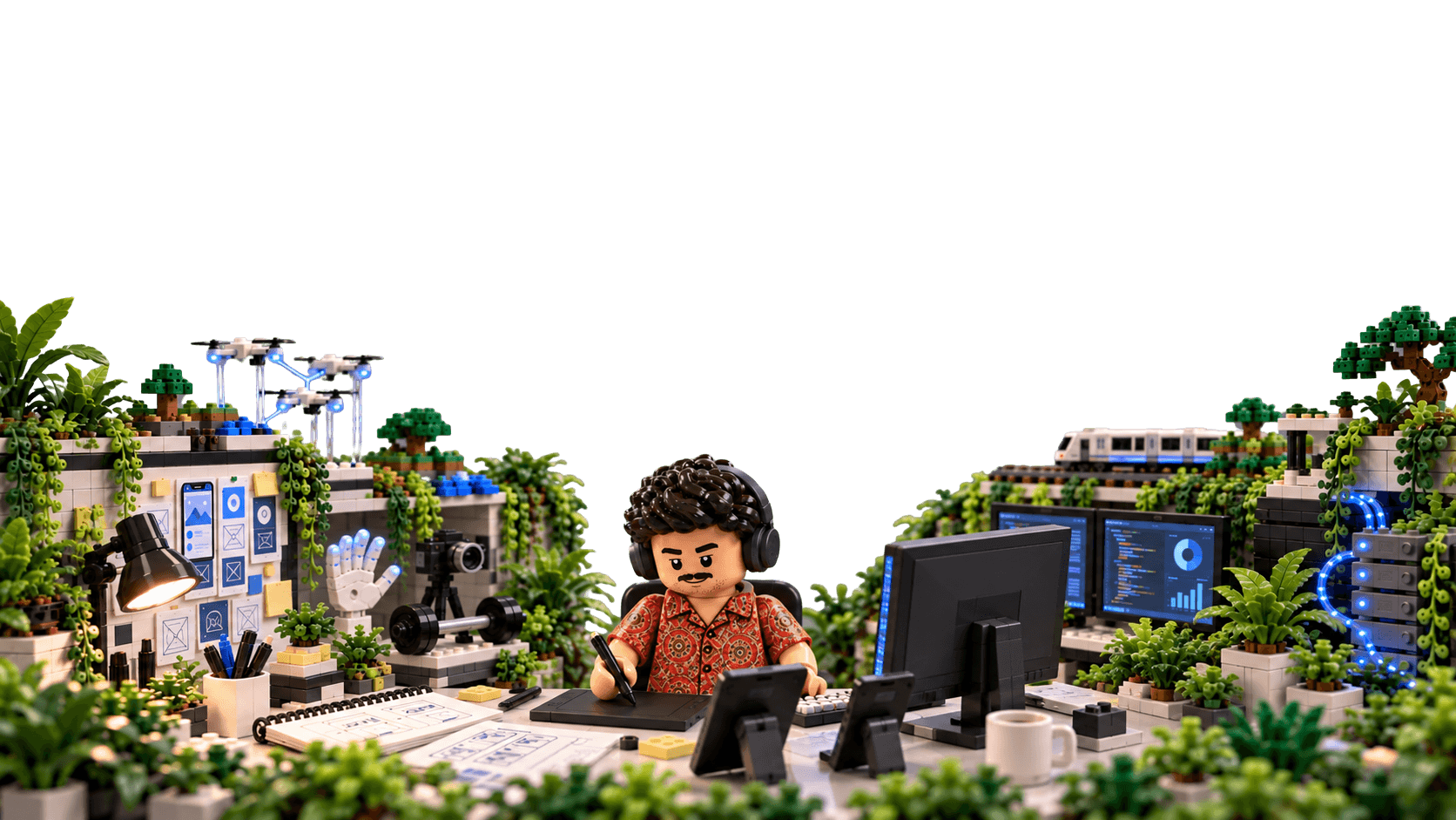 Thakur as a toy figure in headphones, sketching on a drawing tablet in a brick-built studio overgrown with plants: design sketches and UI boards on one side, code screens, devices and servers on the other, and small models of past projects around him, including a drone swarm, a train, a gym camera, a gesture-tracking hand and a game-world island.